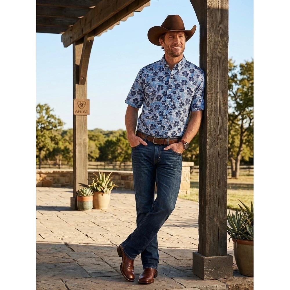 Ariat Ishan Classic Mens XL Blue Floral Tropical Short Sleeve Button Down Shirt